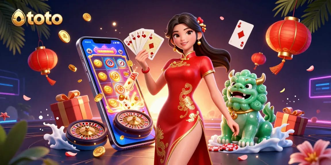 Experience thrilling toto gameplay with vibrant slot reels, golden cards and dynamic casino elements.