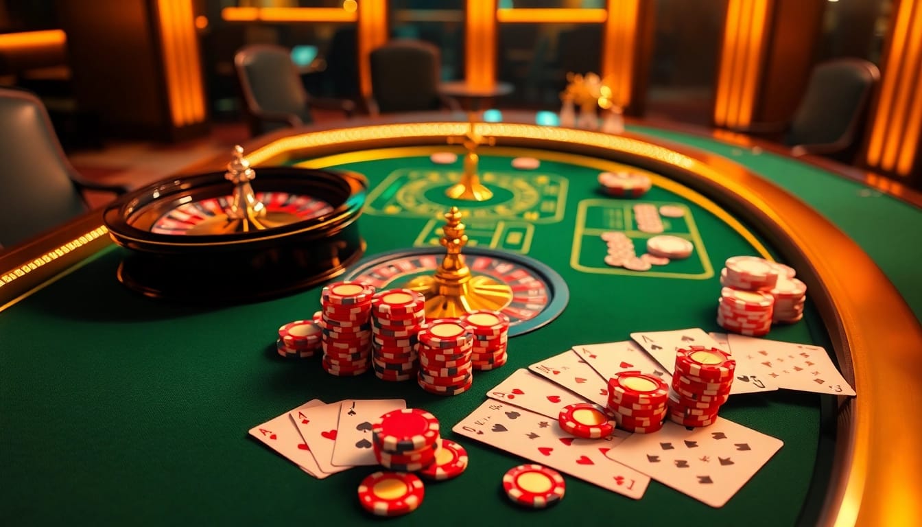 Exciting RR88 Auction casino scene with poker chips, roulette wheel, and playing cards