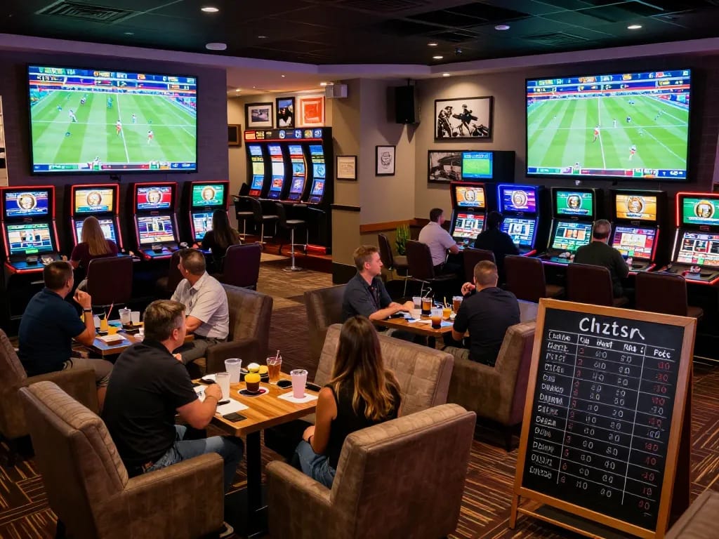 Dynamic scene showing ทางเข้า m113 for sports betting, with patrons engaging and celebrating wins in a lively casino lounge.