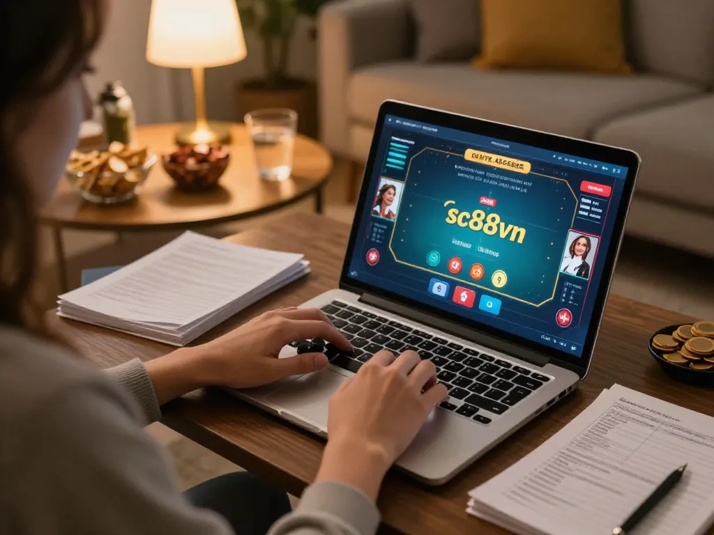 Player strategizing during an exciting online poker game on sc88vn with cozy home ambiance.