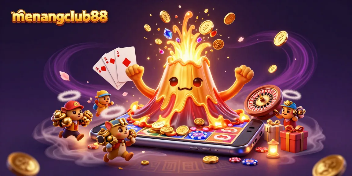 Join the fun with menangclub88 as treasure erupts from a golden volcano in a vibrant casino scene.