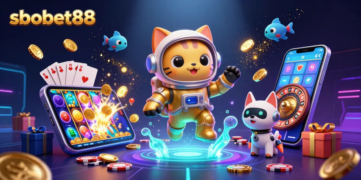 Experience sbobet88 sports betting with an exciting digital illustration of an astronaut cat and a robot dog.