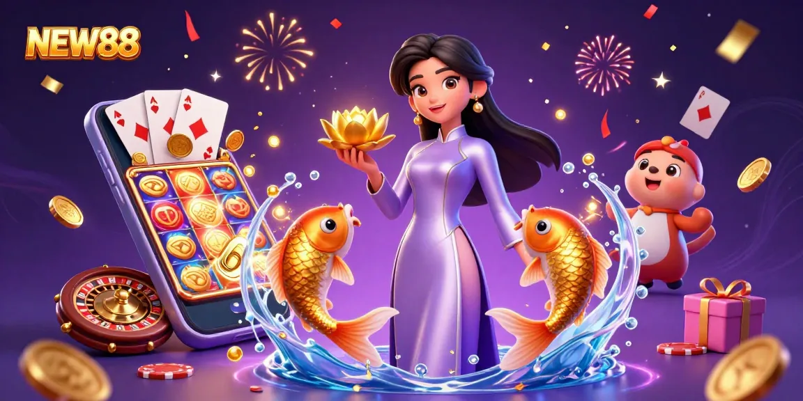 Experience the magic of NEW88 with a vibrant casino scene featuring a stylish woman and dynamic gaming elements.