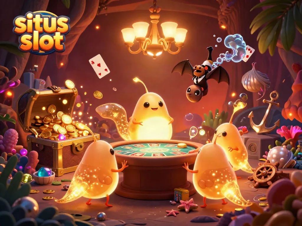 Gambaran animasi warna-warni dari situs slot dengan karakter lucu dan elemen kasino yang ceria.