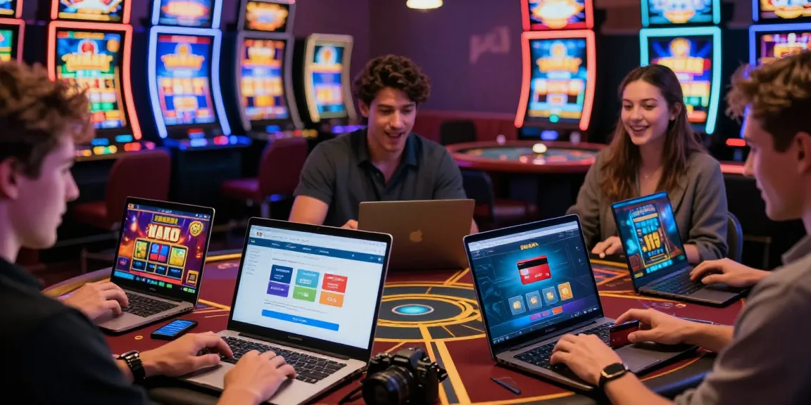 Engaging online casino players using various credit card options on laptops and smartphones at https://dentalgroups.co.uk, illustrating a vibrant gaming atmosphere with security focus.