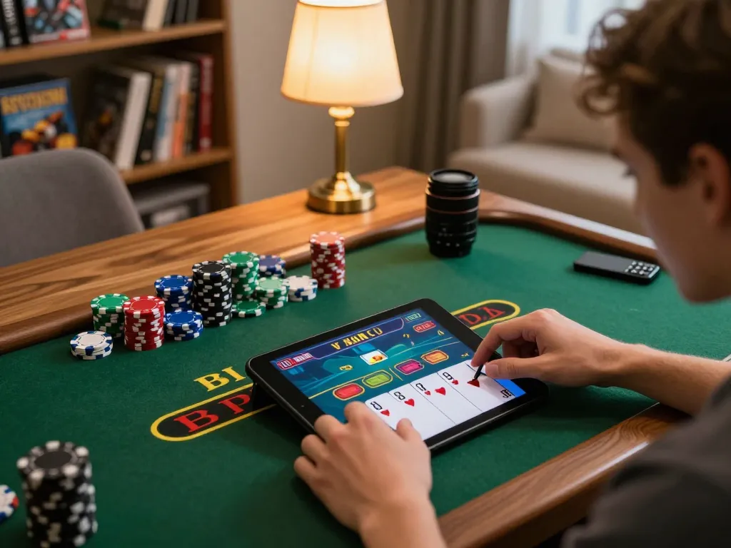 Player winning at blackjack on a tablet while using tr88 strategies for better odds in a cozy home.