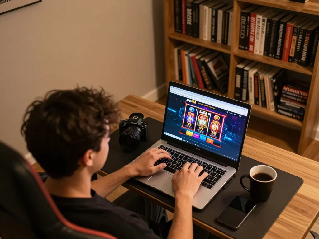 Engaging with net88 online casino featuring poker and slots on a sleek laptop in a cozy home setting.