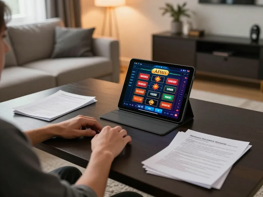 Engaging in online gambling at AF88 casino with strategy notes and tablet interface visible.