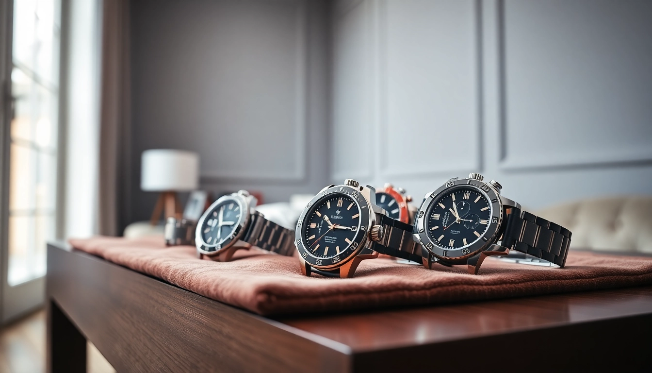 Showcase of replica watches highlighting craftsmanship and elegance on a wooden table.