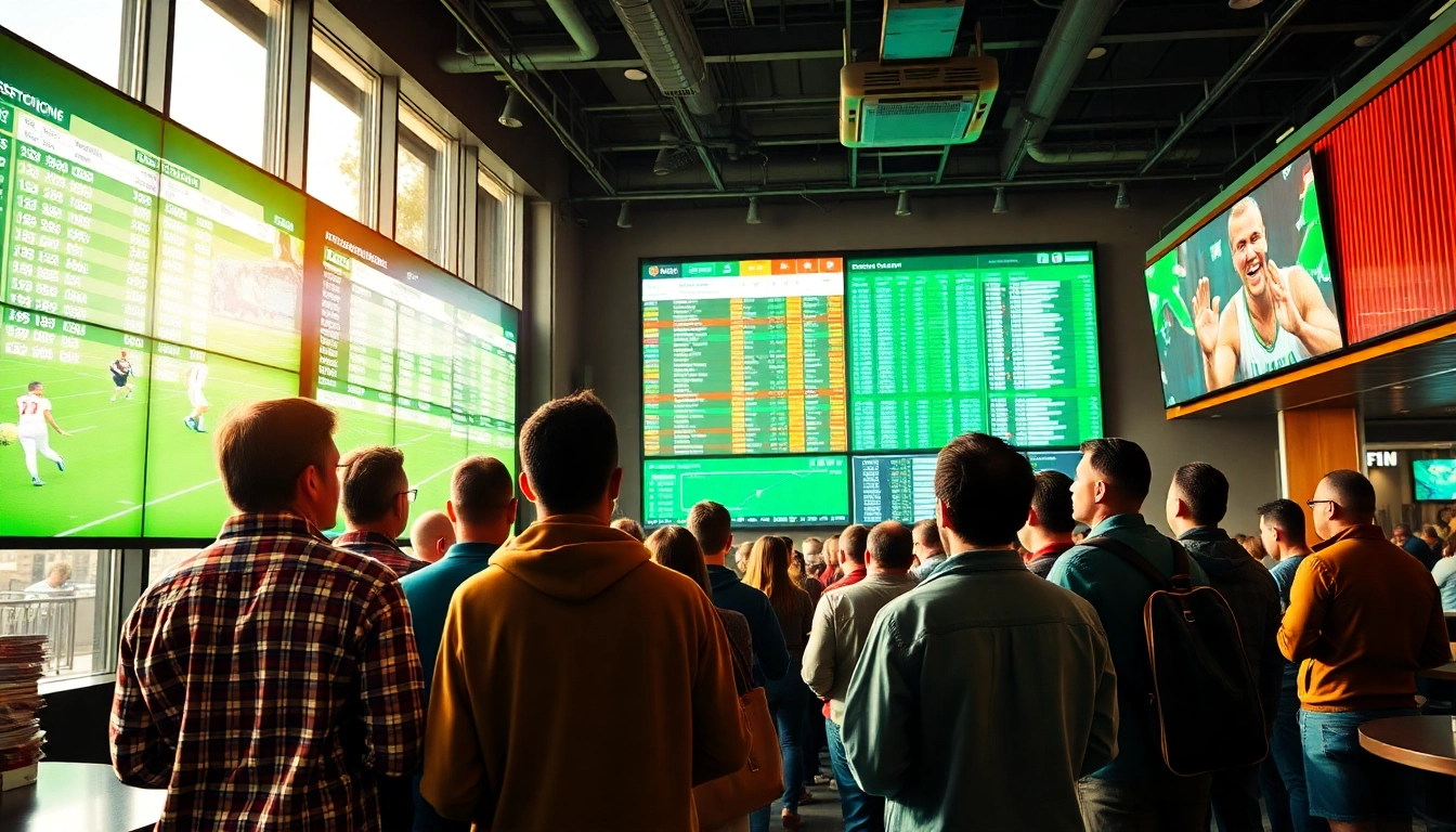 Engaged bettors experiencing online Betting in a lively sports lounge atmosphere.