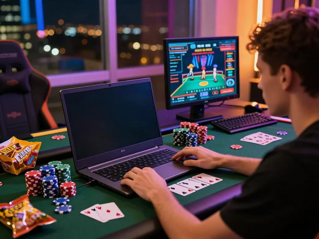 Engaging online gambling experience with akunjp at a modern gaming setup.