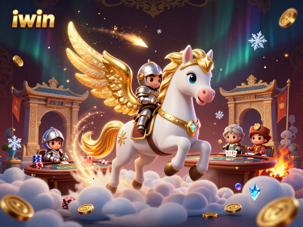 iwin players enjoy thrilling poker action illustrated with a celestial horse and knight.