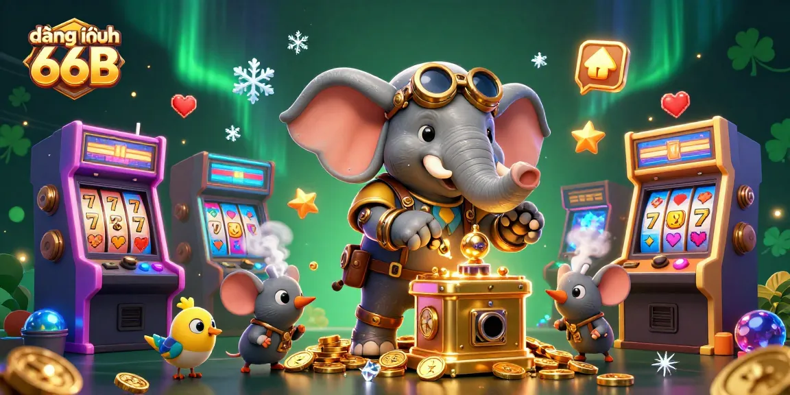 Engaging scene of đăng nhập 66B featuring a cartoon elephant engineer at a slot machine, showcasing excitement and fun.