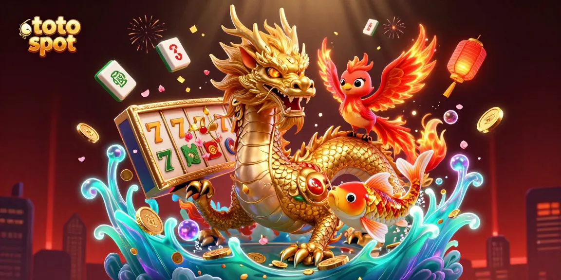 Experience the thrill of winning with toto slot featuring a golden dragon, phoenix, and koi fish.