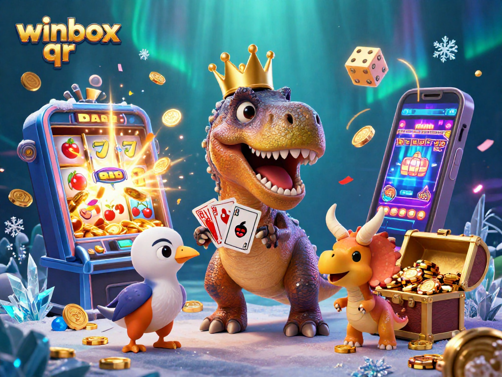 Winbox QR engaging slot machine action with a T-Rex and vibrant casino elements.