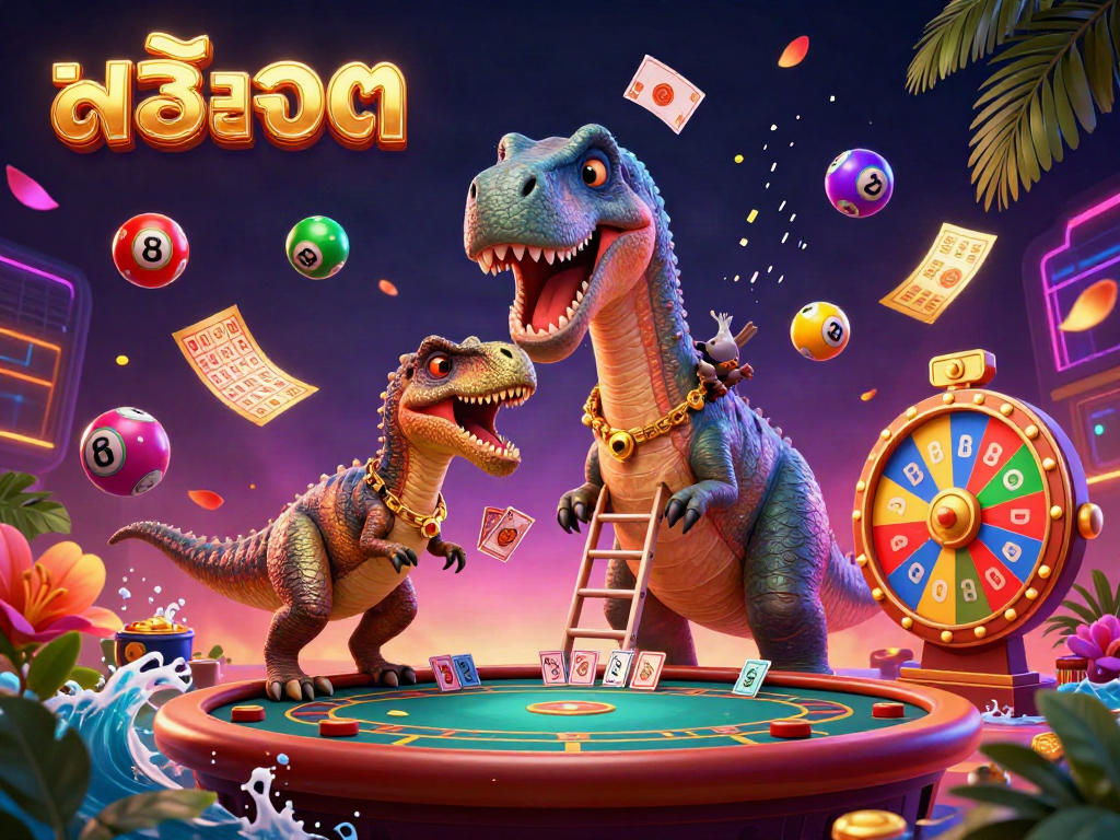 Engage with exciting สล็อต gameplay featuring a colossal brontosaurus overseeing a vibrant casino scene.