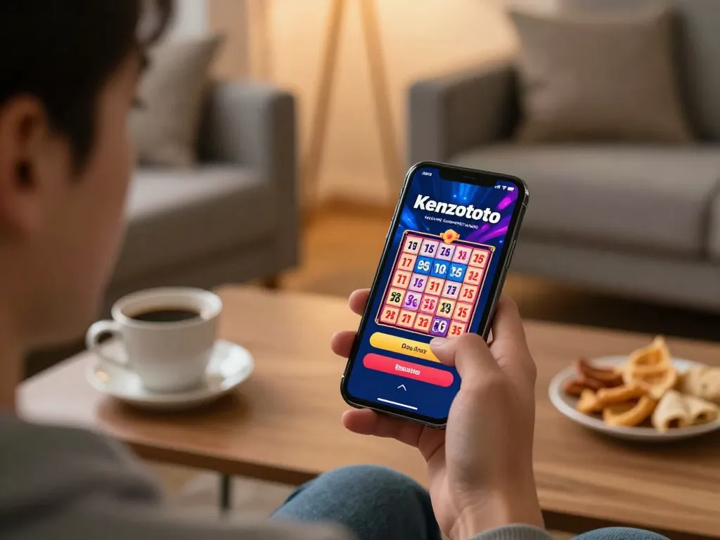 Sebuah adegan login kenzototo yang menarik menunjukkan seorang pemain menikmati permainan lotere online di smartphone.