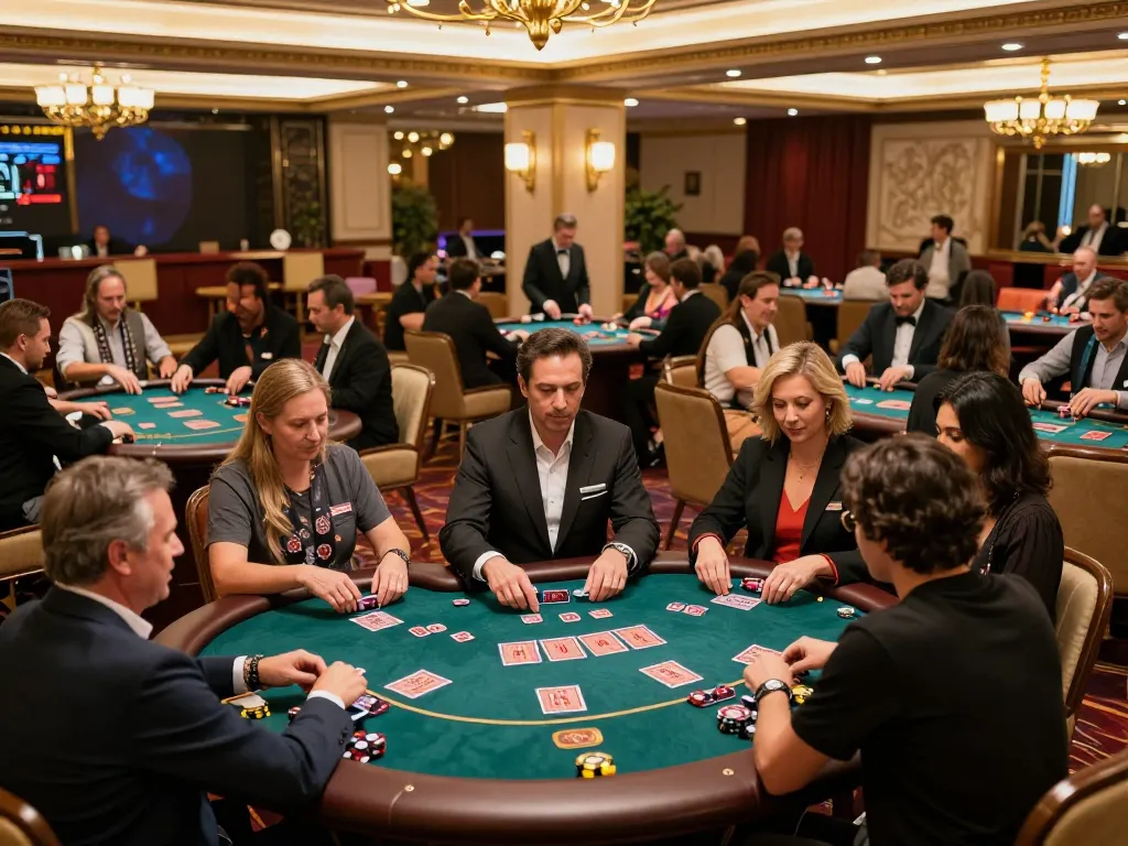 Players enjoying a thrilling game night at dh88's upscale casino tables, celebrating key wins.