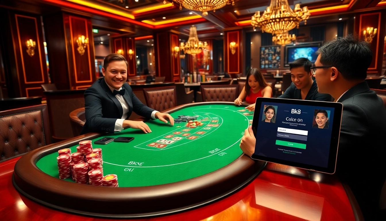 Experience easy bk8 login at a luxurious casino table with excited players and vibrant poker chips.