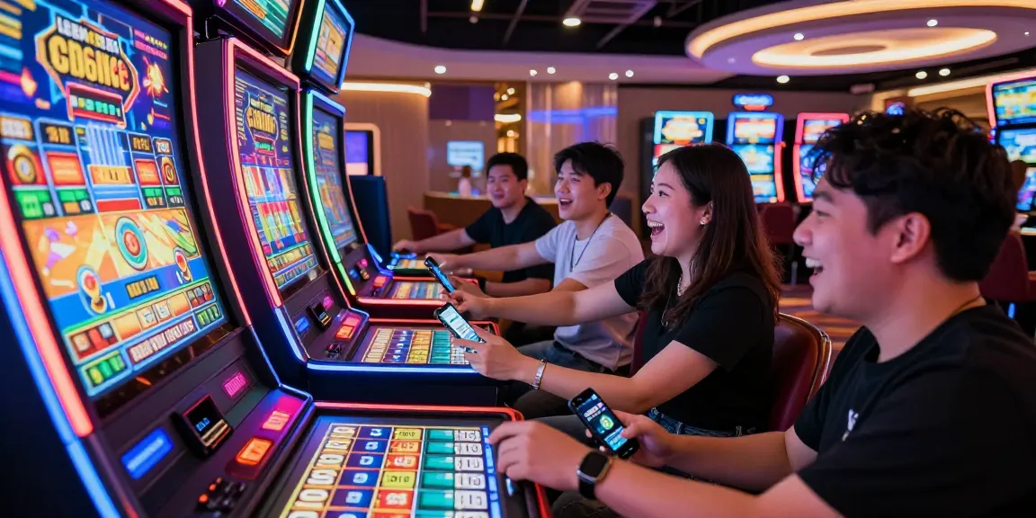 A lively slot7000 gaming scene featuring players engaging with high-tech machines and QRIS deposits.