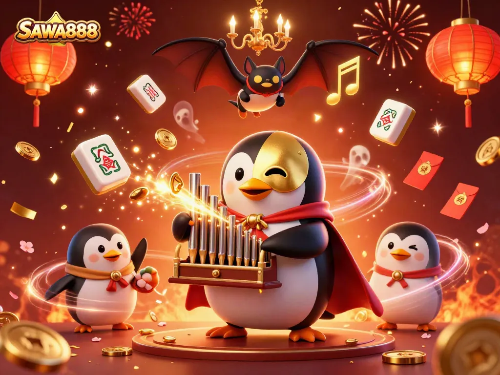 Experience enchantment at SAWA888 with a penguin organist unleashing a flurry of golden casino magic.