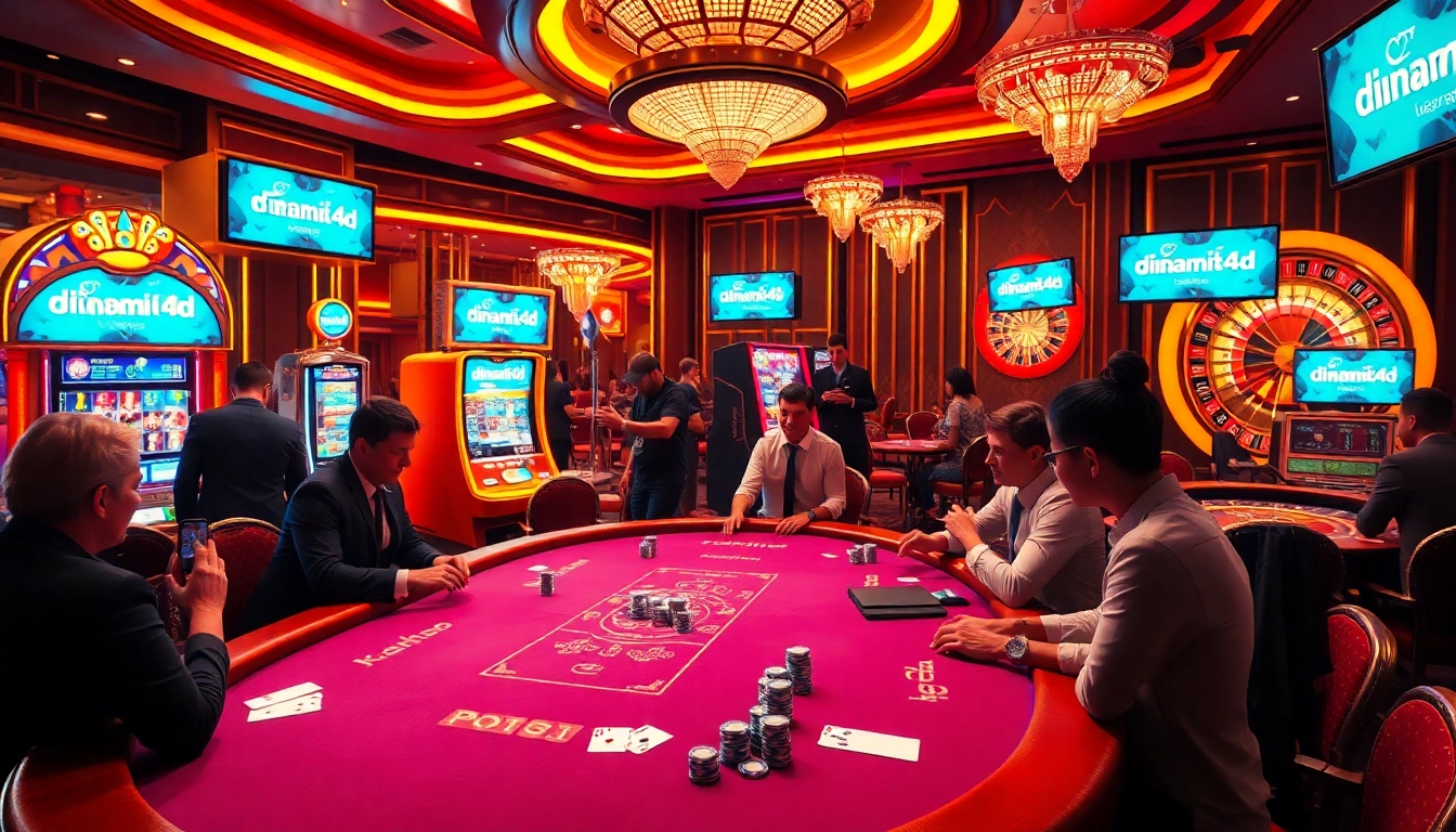 Experience the thrill of gaming at dinamit4d with players at a luxurious poker table.