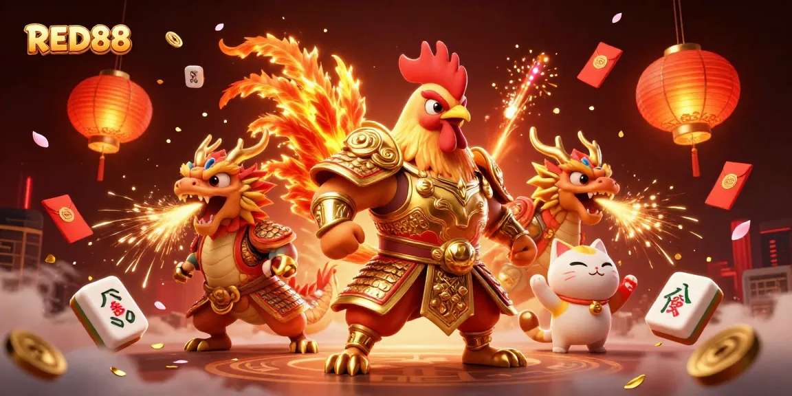 Engage in exciting games at RED88 with vibrant 3D cartoon fighters in a high-energy casino scene.
