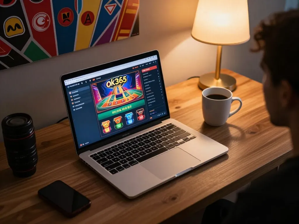 Engaging online gaming scene at ok365 with colorful casino visuals and warm lighting