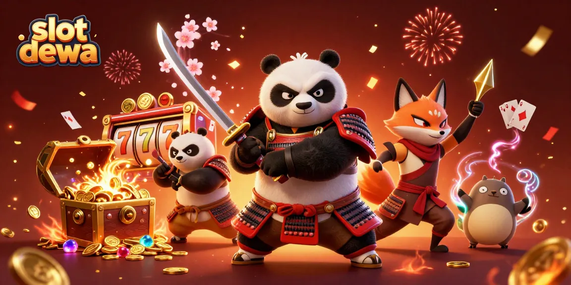 Slot dewa mempersembahkan ilustrasi dinamis dengan panda samurai dan rubah ninja dalam suasana kasino yang menarik.