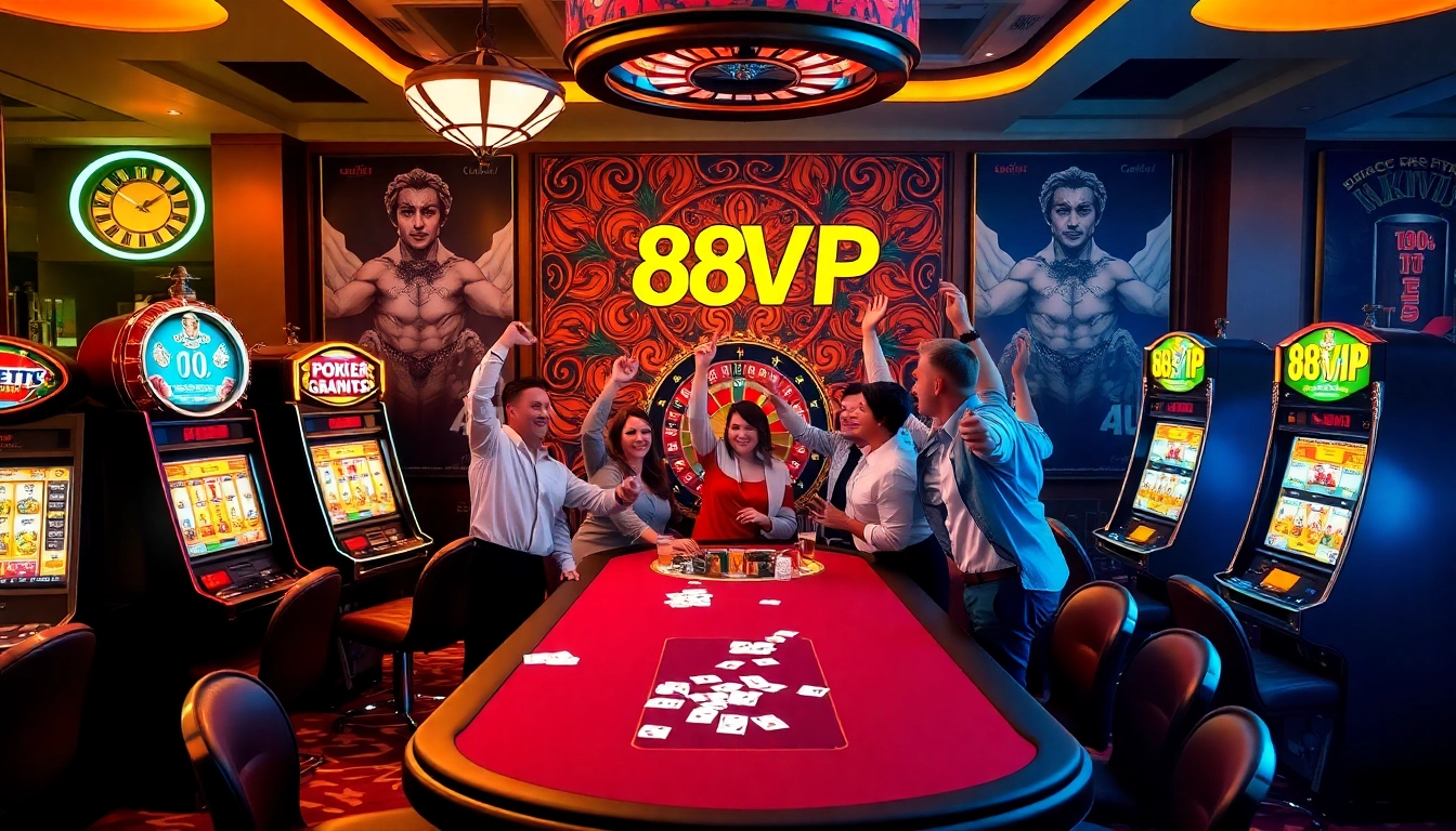 Excited players celebrate wins at 68VIP's luxurious casino, showcasing vibrant slot machines and poker tables.
