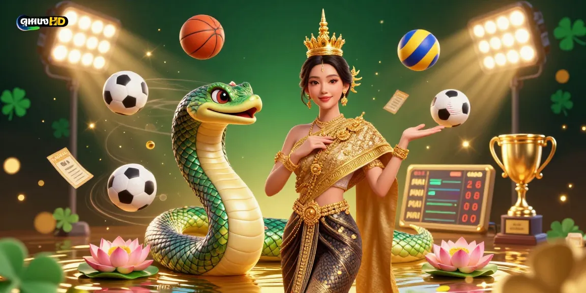 Experience ดูหนังHD with engaging 3D visuals, showcasing a Thai dancer and Naga amidst vibrant sports elements.