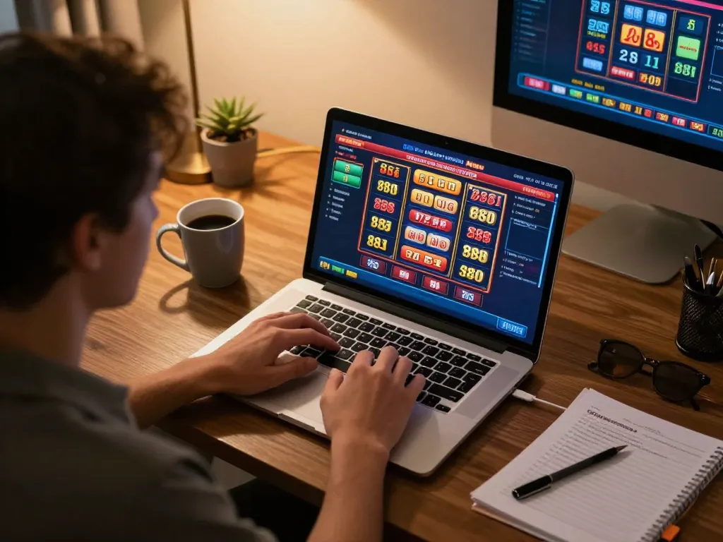 Gambling on 88i platform while enjoying slots and live dealer games in a cozy home office.