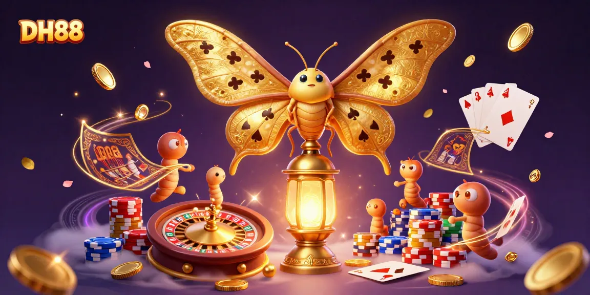 Experience the excitement of DH88 with a vibrant illustration of casino scenes, golden moth, and dynamic gambling elements.