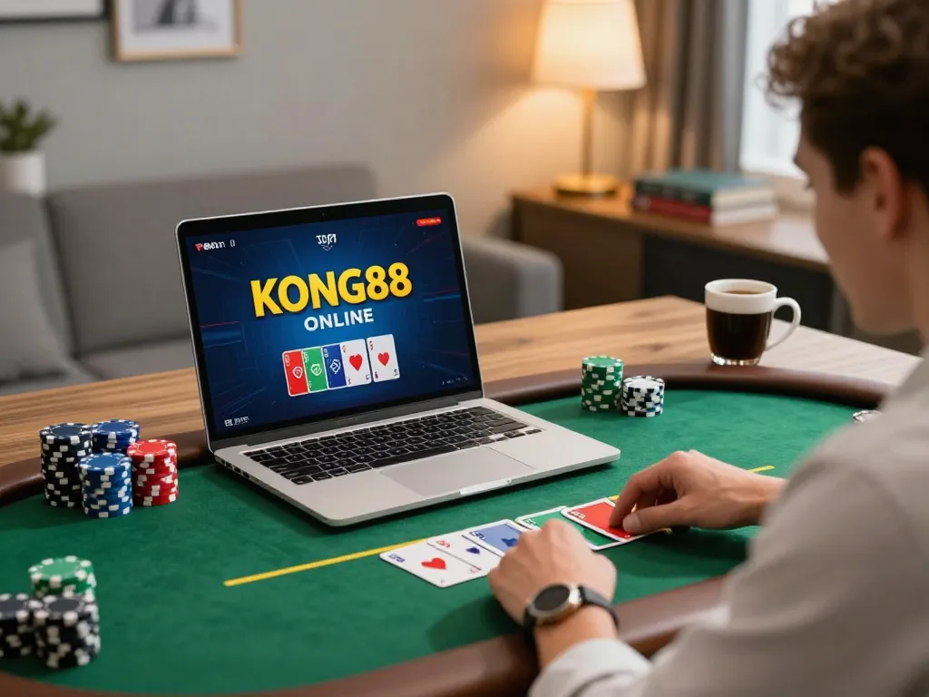 KONG88 player strategizing in an online poker game with vibrant screen details.