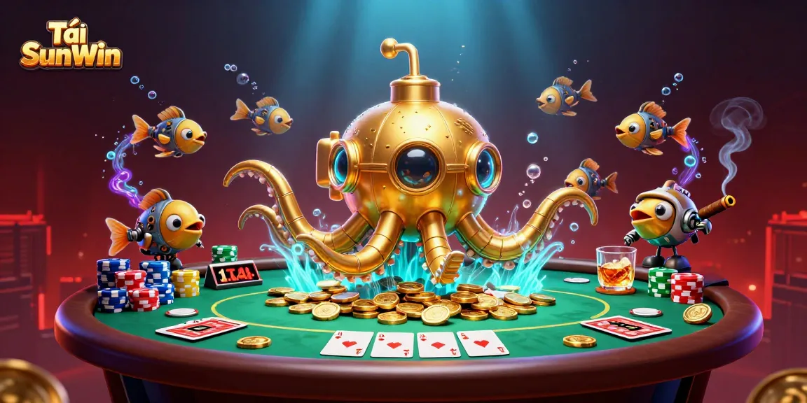 Tải SunWin players win big at a poker table surrounded by a golden kraken submarine and mechanical fish, illustrating underwater excitement.