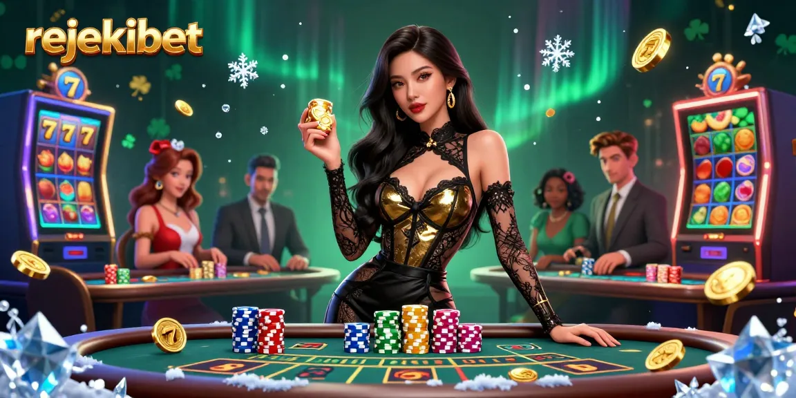 Experience playing slots with rejekibet at a glamorous baccarat table surrounded by vibrant casino elements.