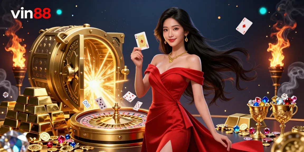Engage in thrilling gameplay with vin88 featuring a stunning dealer and elegant casino elements.