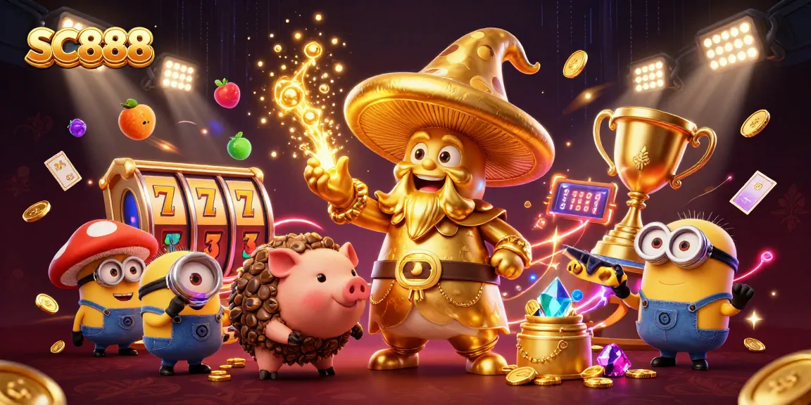 Experience thrilling wins with SC888 as the golden wizard and friends explore exciting slot games.