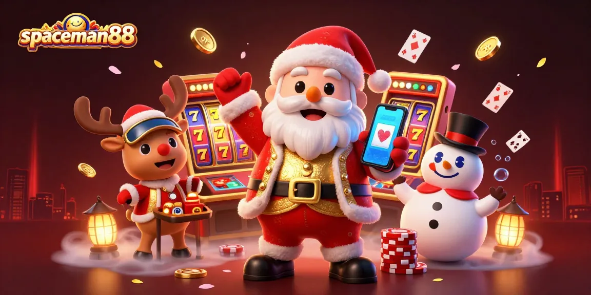 Play winning slots with spaceman88 in this vibrant casino illustration filled with jackpots and festive characters.