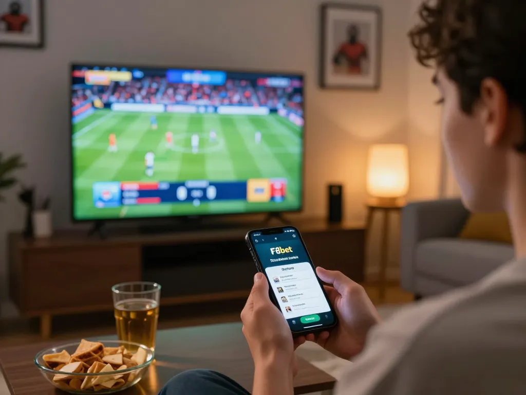 Enjoying live sports betting on F8bet app in a cozy home setting with snacks and drinks.