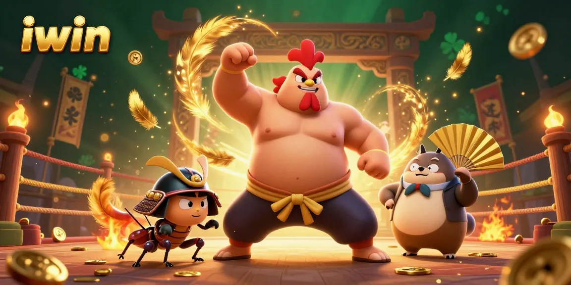 Engage with iwin gaming battles featuring a sumo rooster, cricket, and tanuki amidst golden tokens and ember sparks.