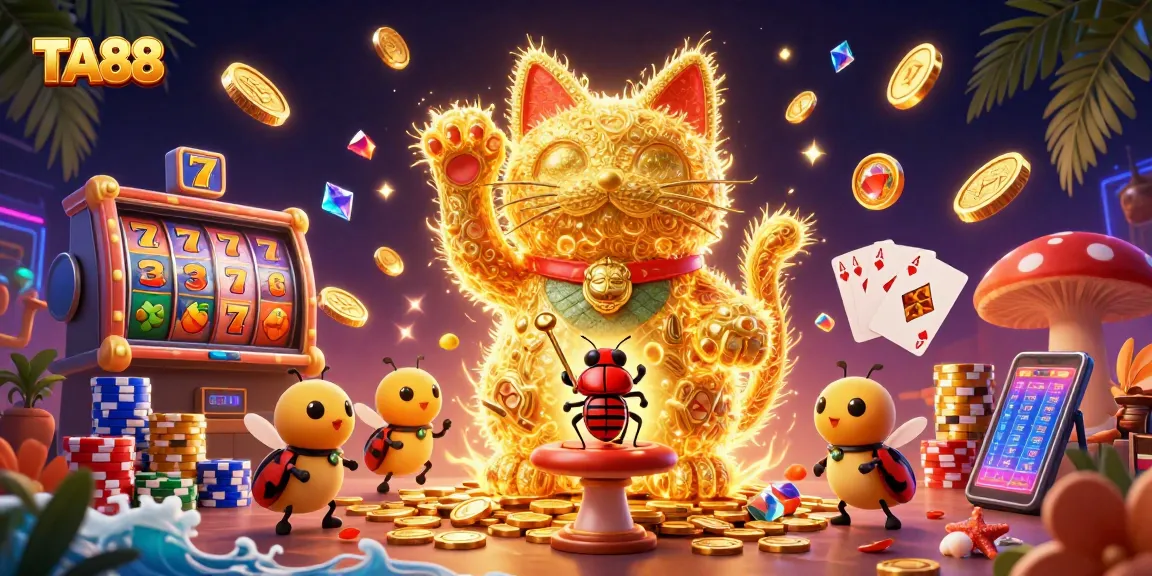 Experience the excitement of TA88 with a vibrant lucky cat and dynamic casino symbols.