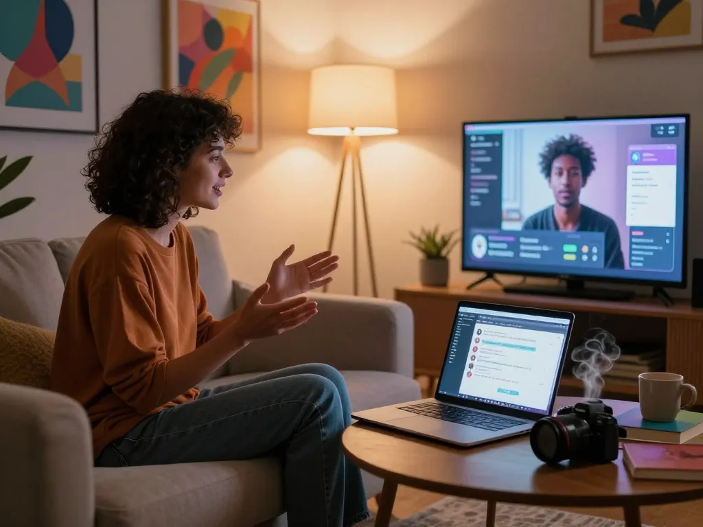 Interactive free ai sex chat scene, cozy living room with a person engaging with a virtual AI companion on a large screen.