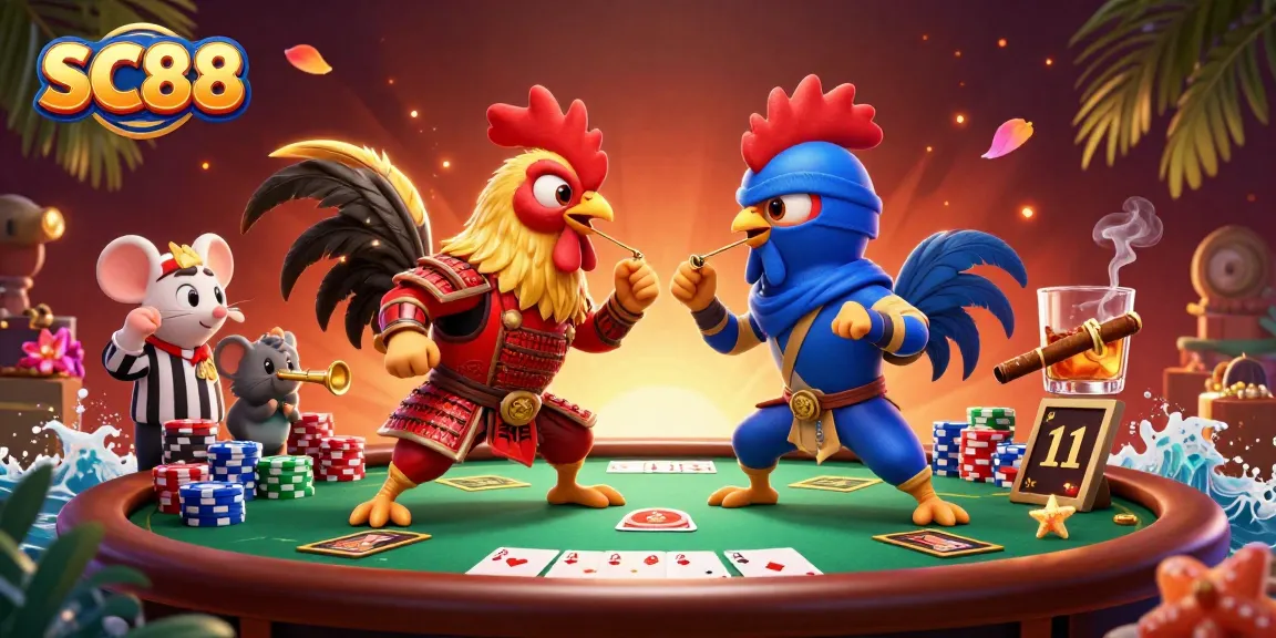 Experience the excitement of SC88 jackpot slots at an intense gambling showdown with 3D roosters and playing cards.