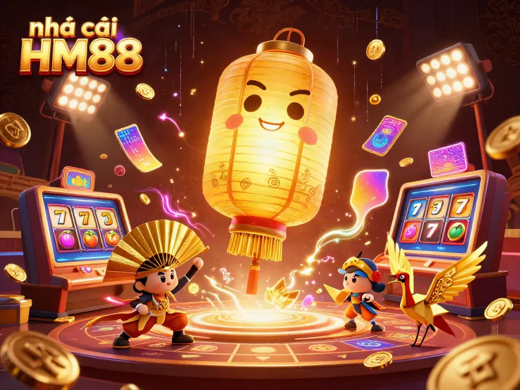 Experience the magical world of nhà cái HM88 with vibrant golden lantern spirits and slot game action.