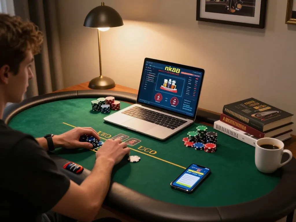 Person engaging in online poker at nk88 from a cozy home office setup, showcasing relaxed gaming atmosphere.