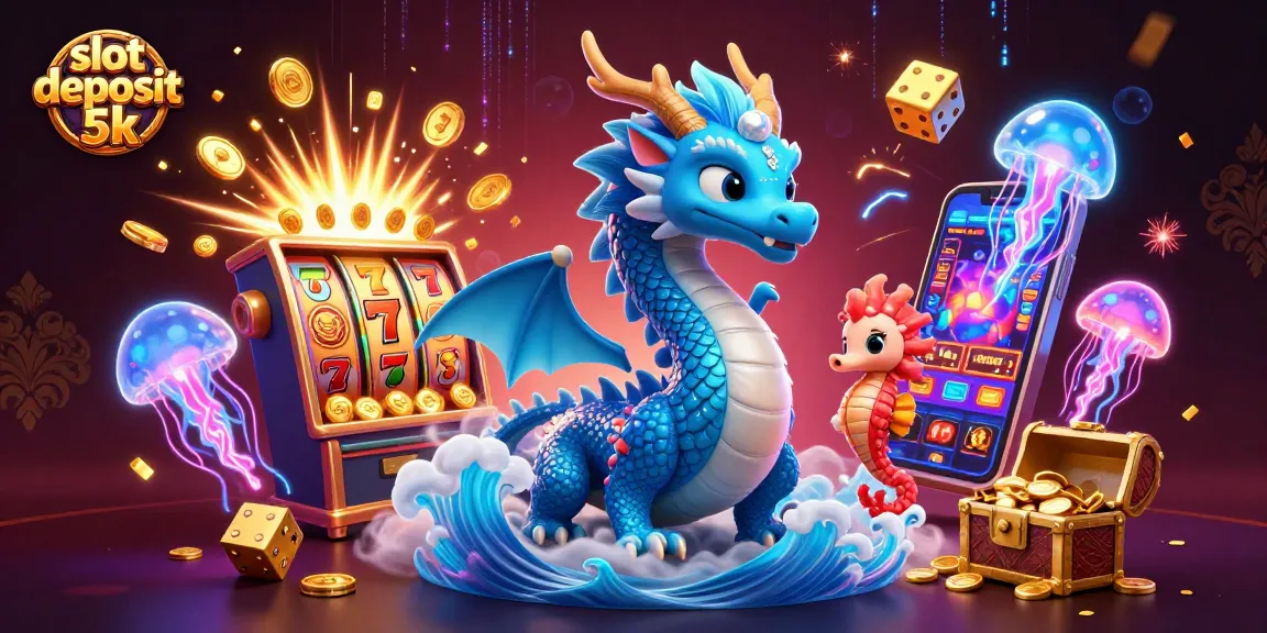 Experience the thrill of slot deposit 5k with a vibrant casino-themed illustration showcasing dynamic characters and game elements.