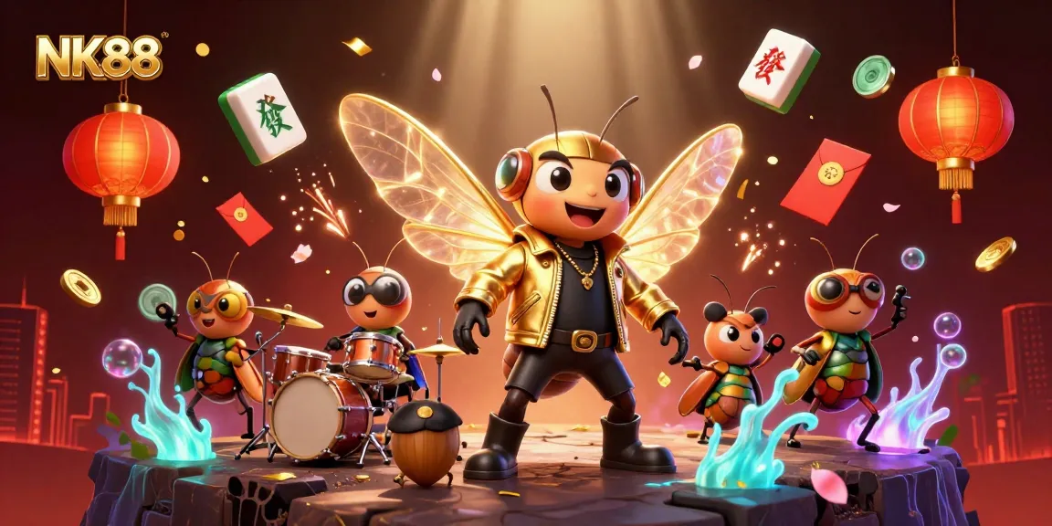 Experience the excitement of NK88, a vibrant casino atmosphere with a rock star and dynamic game elements.