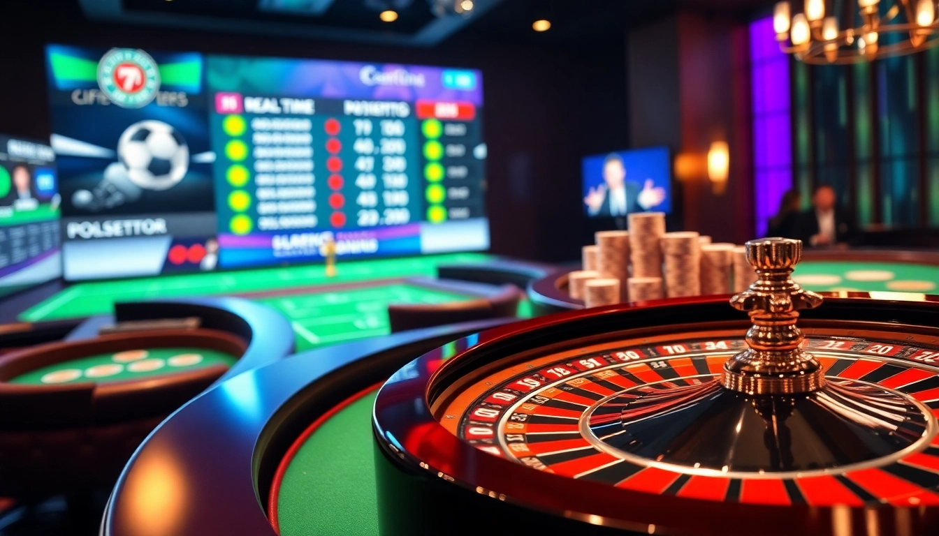 Live football scores update seamlessly at a luxurious casino, showcasing excitement in gambling.