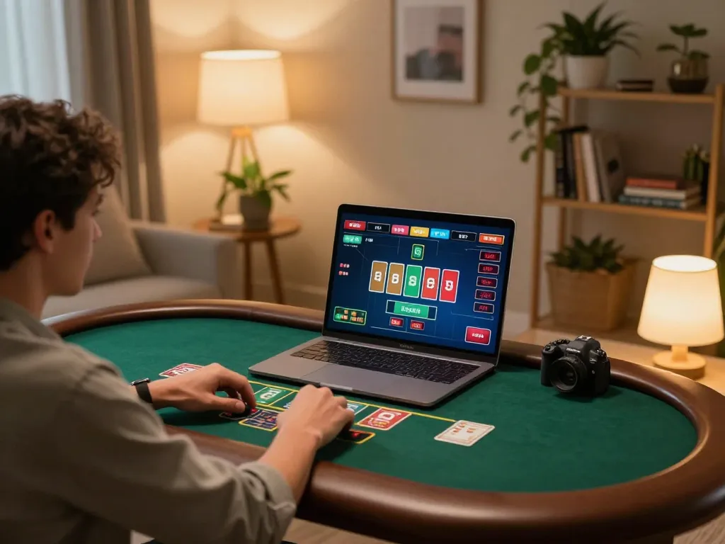 Player enjoying a live dealer blackjack game with 388bet on their laptop at home, showcasing responsible gambling